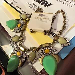 Jade & Jasper Gold Tone Mint Green and Yellow Rhinestone Statement Bib Necklace
